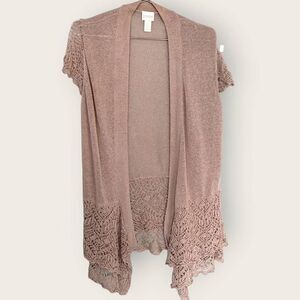 Chicos Womens Cardigan‎ Sz 10-12 Sweater Open Beige Crochet Sleeves Lagenlook